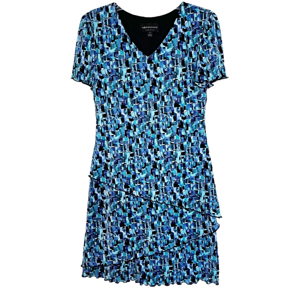 Connected Apparel Short Sleeve V-Neck Tiered Geometric Print Dress Womens 6